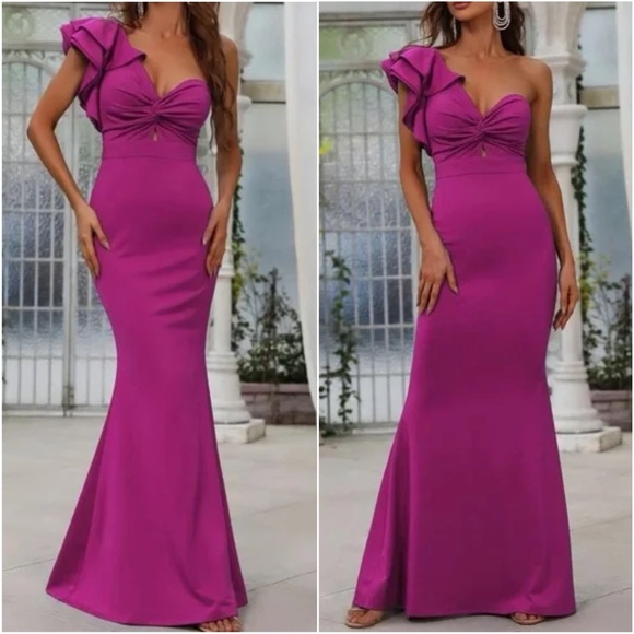 Classic One Shoulder Ruffle Twist Front Party Formal Wedding Dress - Picture 2 of 13